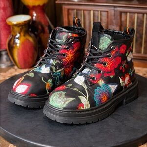 Fashion Girls' Floral Combat Ankle Boots Lace Up Black Multicolor Flat Heel